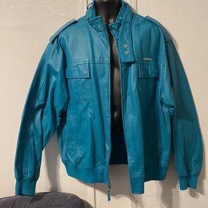 Live Mechanics teal colored logo detailing leather bomber jacket